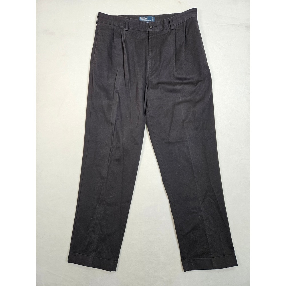 Polo Ralph Lauren Hammond Pant Mens 36x32 Black Pleated Cotton Cuffed Chinos